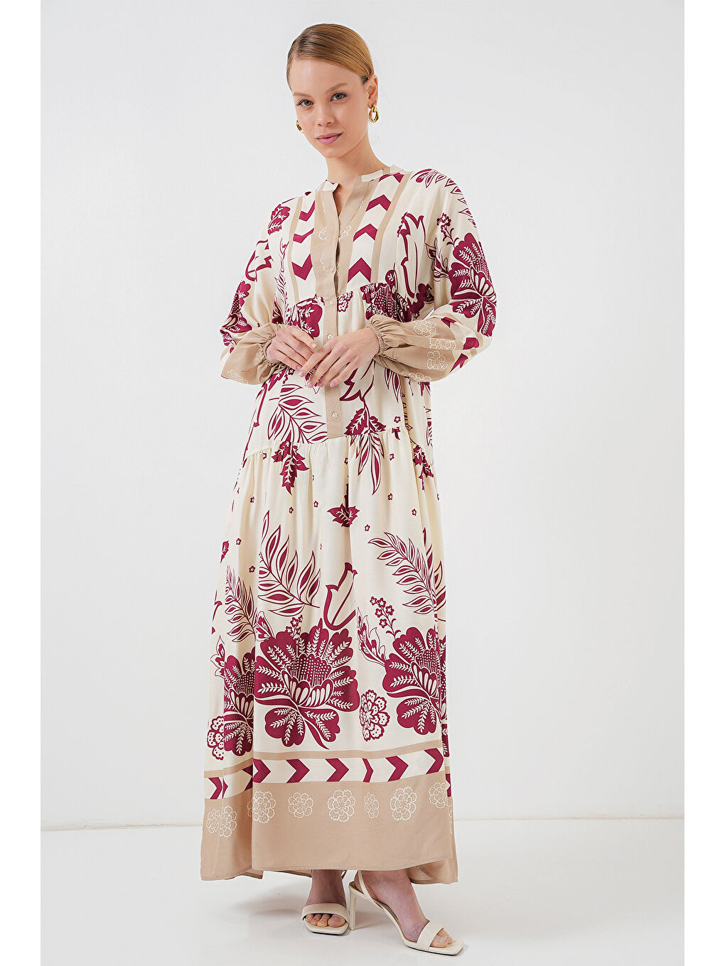 2423 Otantik Desenli Tesettür Elbise - F. Fuşya-3