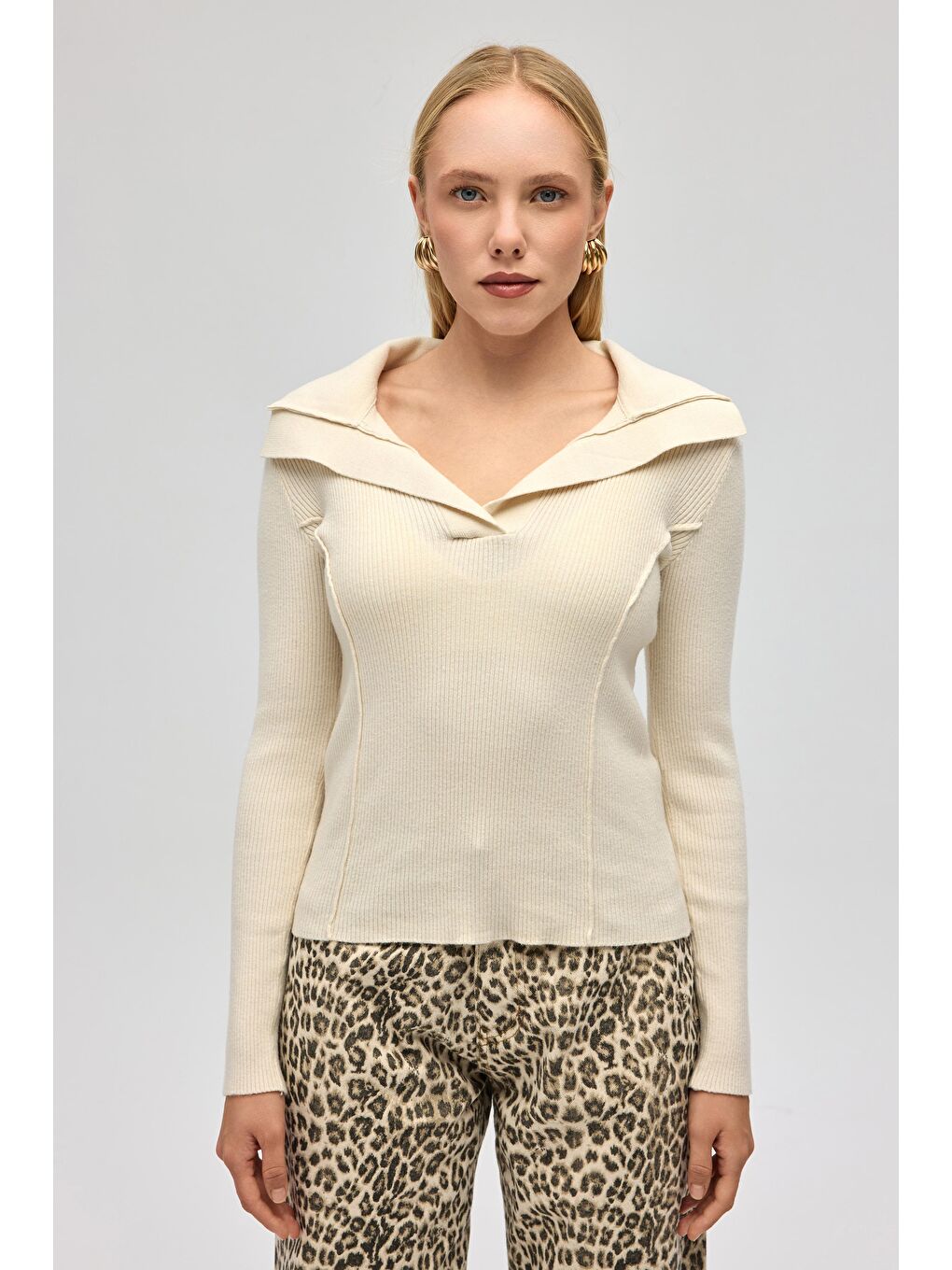 İnari Polo Yaka Bej Triko Kazak-1