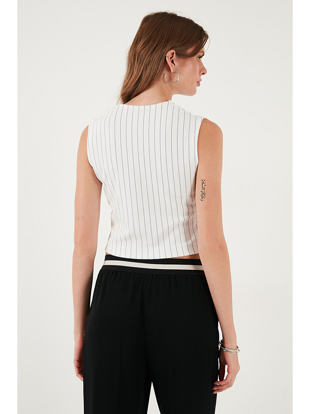 Beyaz Streç Fitted Fit V Yaka Düğmeli Kadın Yelek 5865971-5