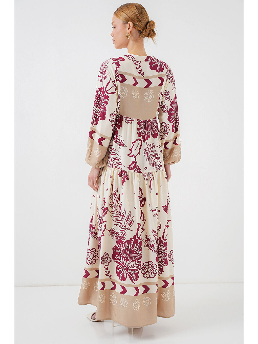 2423 Otantik Desenli Tesettür Elbise - F. Fuşya-5