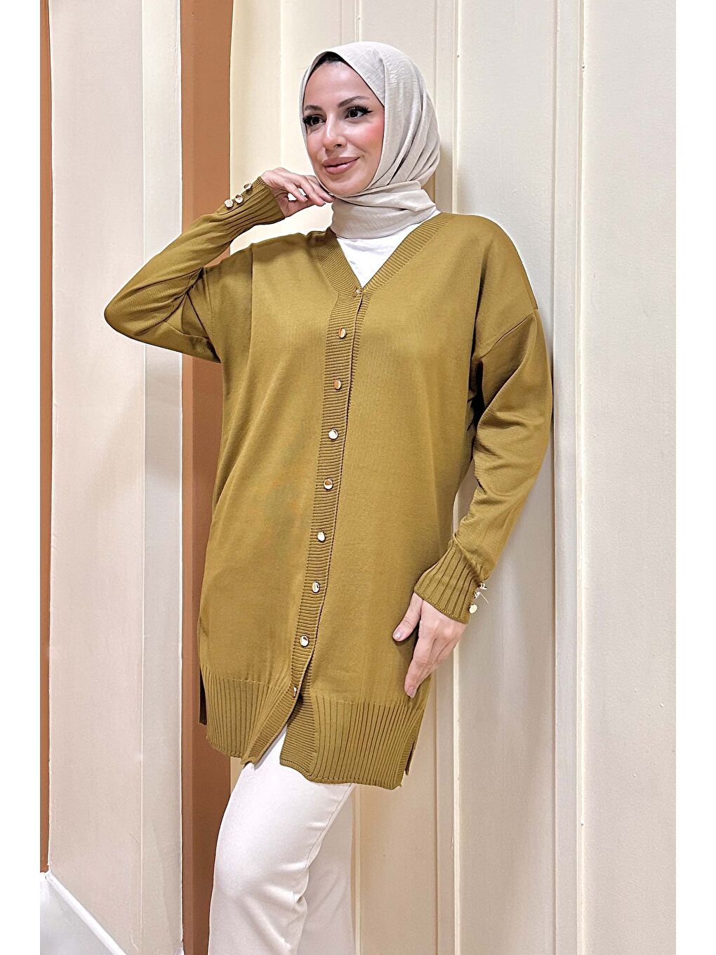 Düğmeli Triko Hırka Yağ Yeşili - 27798-YAG-YESILI-1