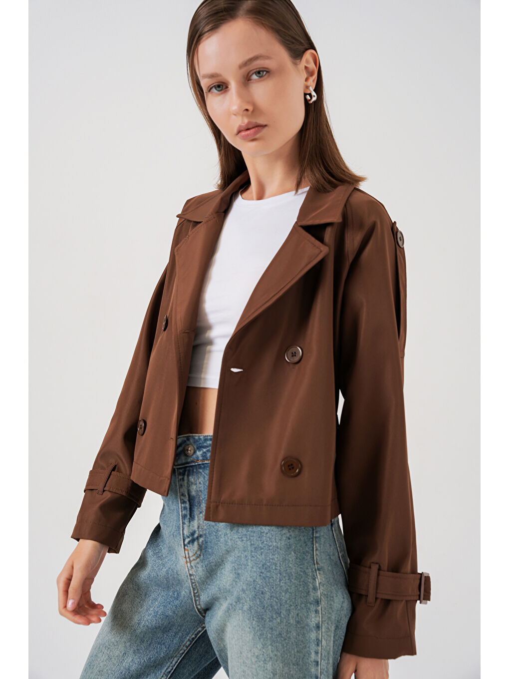 Kadın Kemerli Kısa Trençkot 5970 - Kahverengi-2