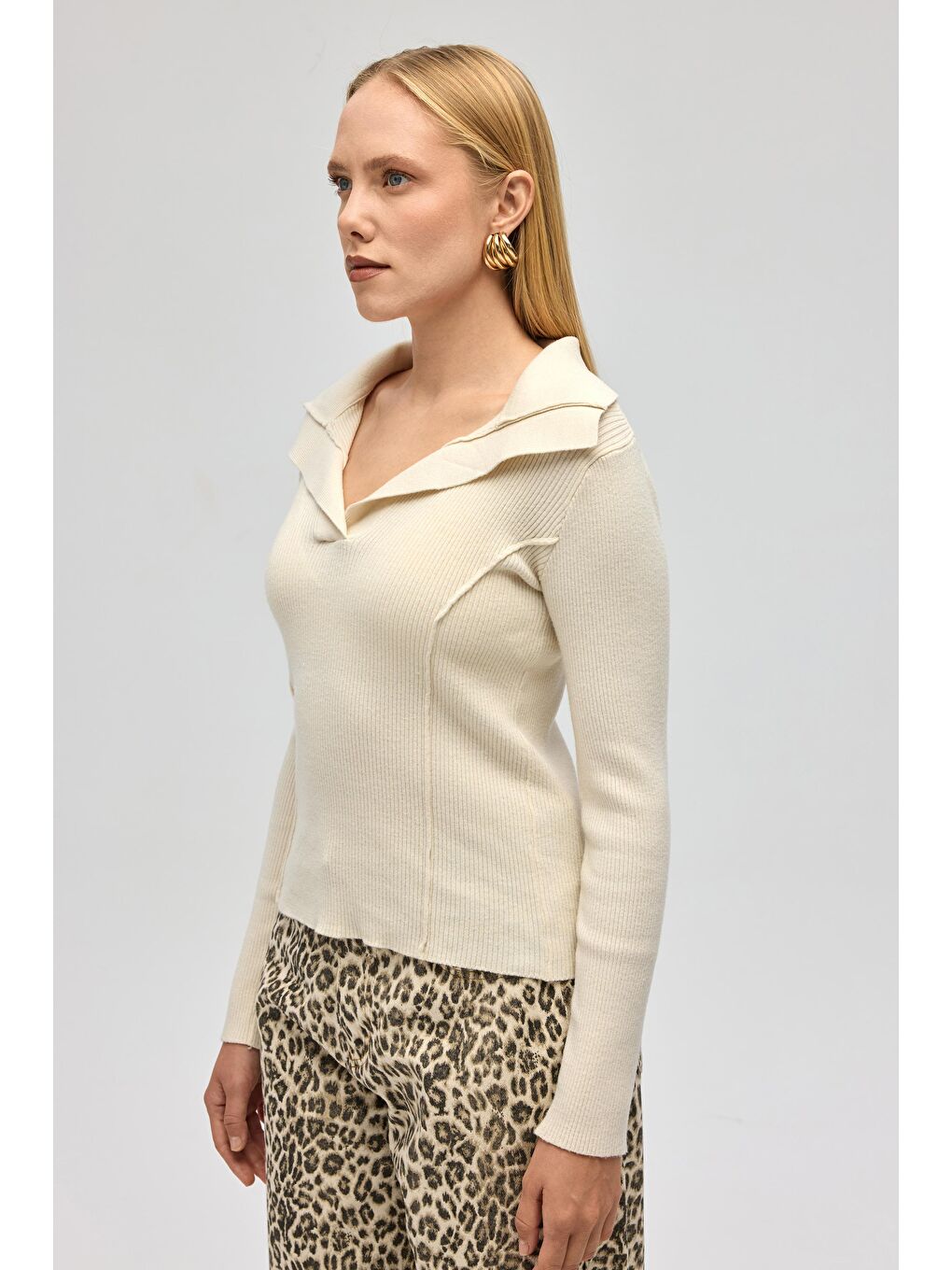 İnari Polo Yaka Bej Triko Kazak-2