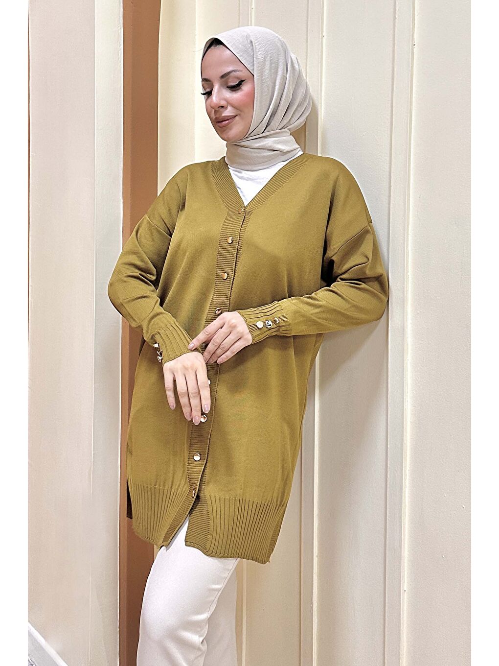 Düğmeli Triko Hırka Yağ Yeşili - 27798-YAG-YESILI-2