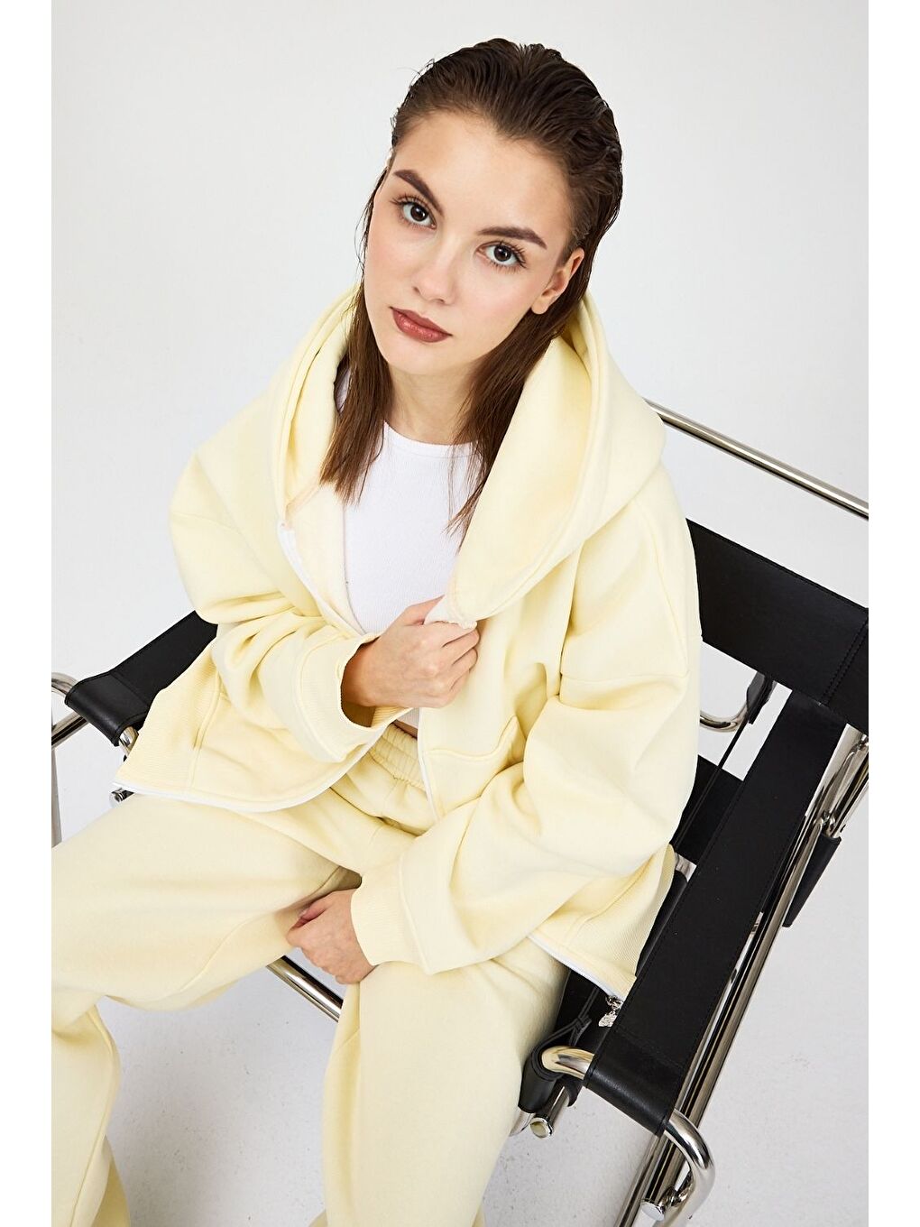 Bej Kadın Chill Oversize Vanilya Sarısı Fermuarlı Sweatshirt