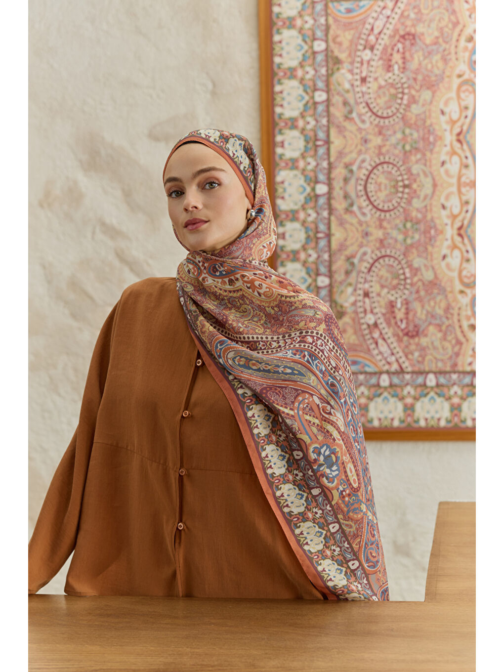 Turuncu Cupra Prive Desenli Şal Saga Kiremit-1