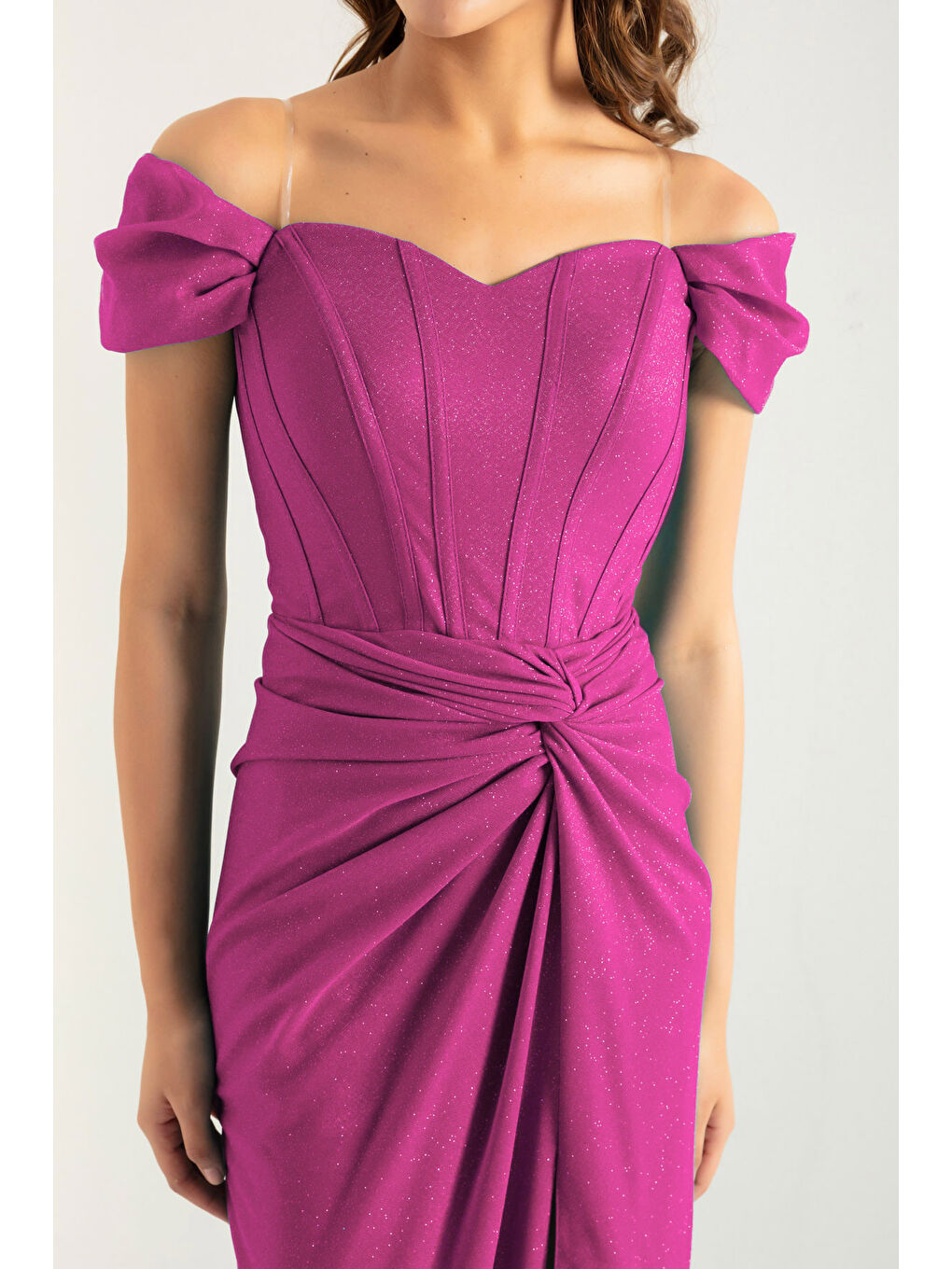 Kadın Fuşya Kruvaze Astarlı Korse Detaylı Uzun Simli Abiye-3