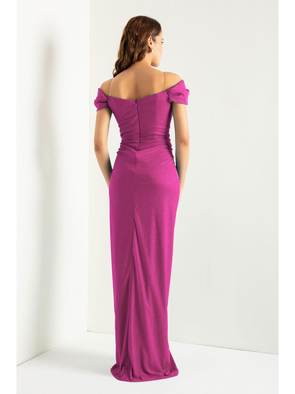 Kadın Fuşya Kruvaze Astarlı Korse Detaylı Uzun Simli Abiye-4