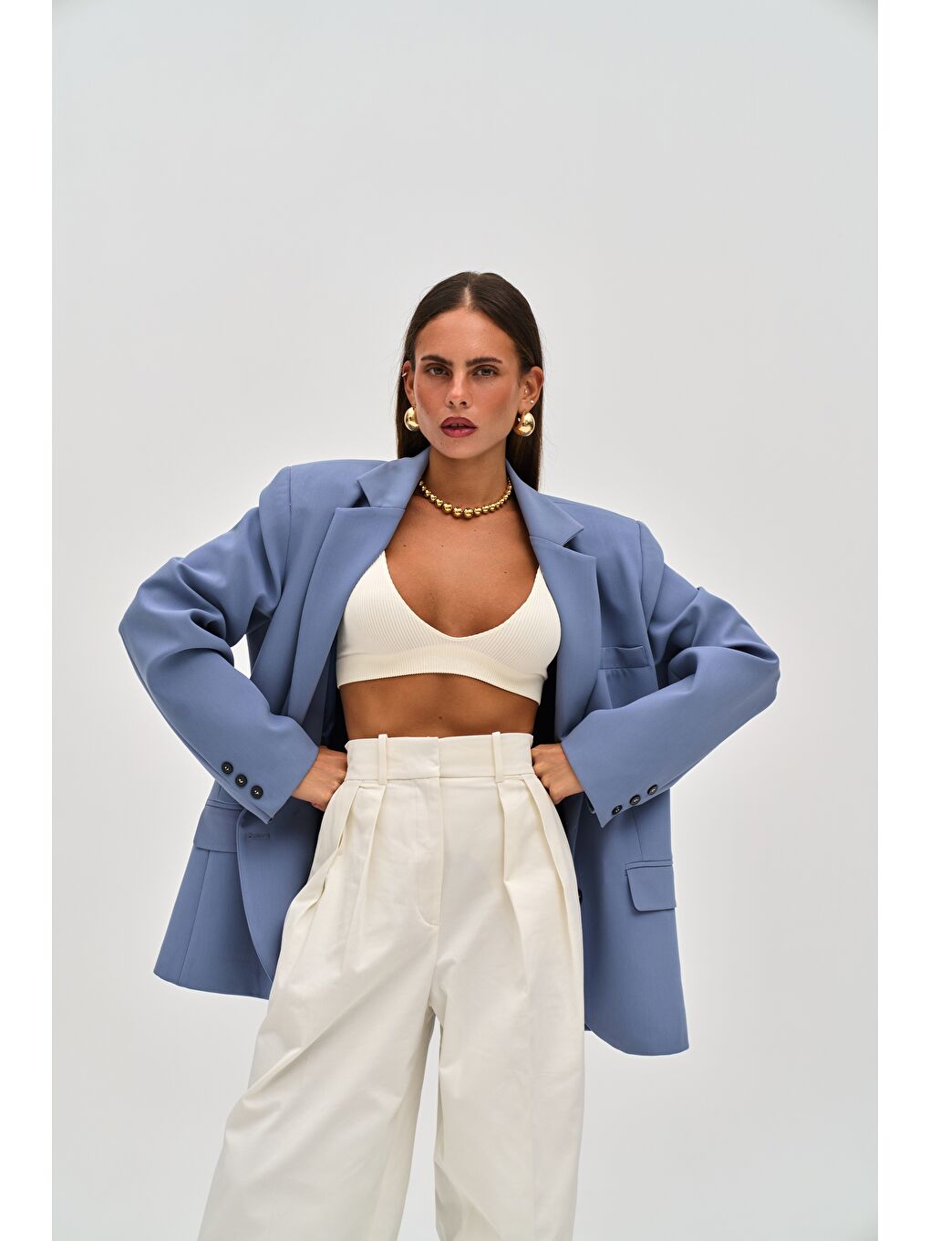 Emma Dikiş Detaylı Mavi Blazer-1