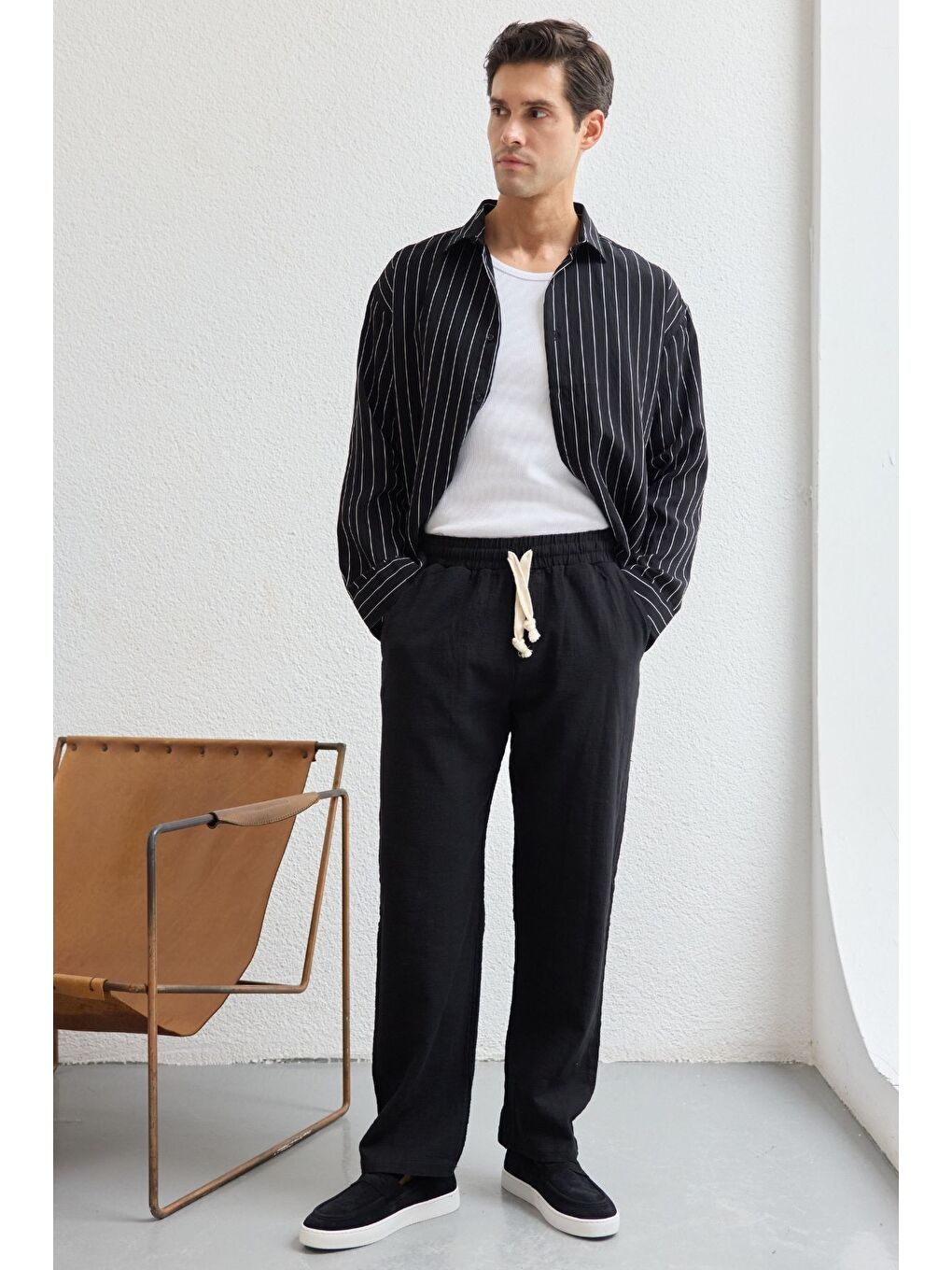 Siyah Abay Erkek Keten İpli Baggy Pantolon-1