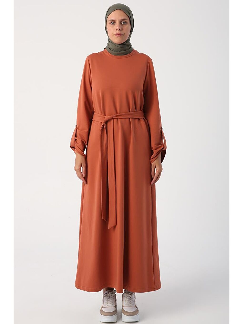 Kahverengi Tarçın01-Kolları Apoletli Kuşaklı Elbise-1