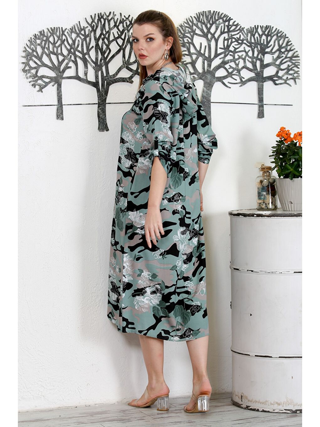 Yeşil Kamuflaj Haki Kapüşonlu Düğmeli Uzun Kollu Gizli Cepli Baskılı Casual Dokuma Elbise-6