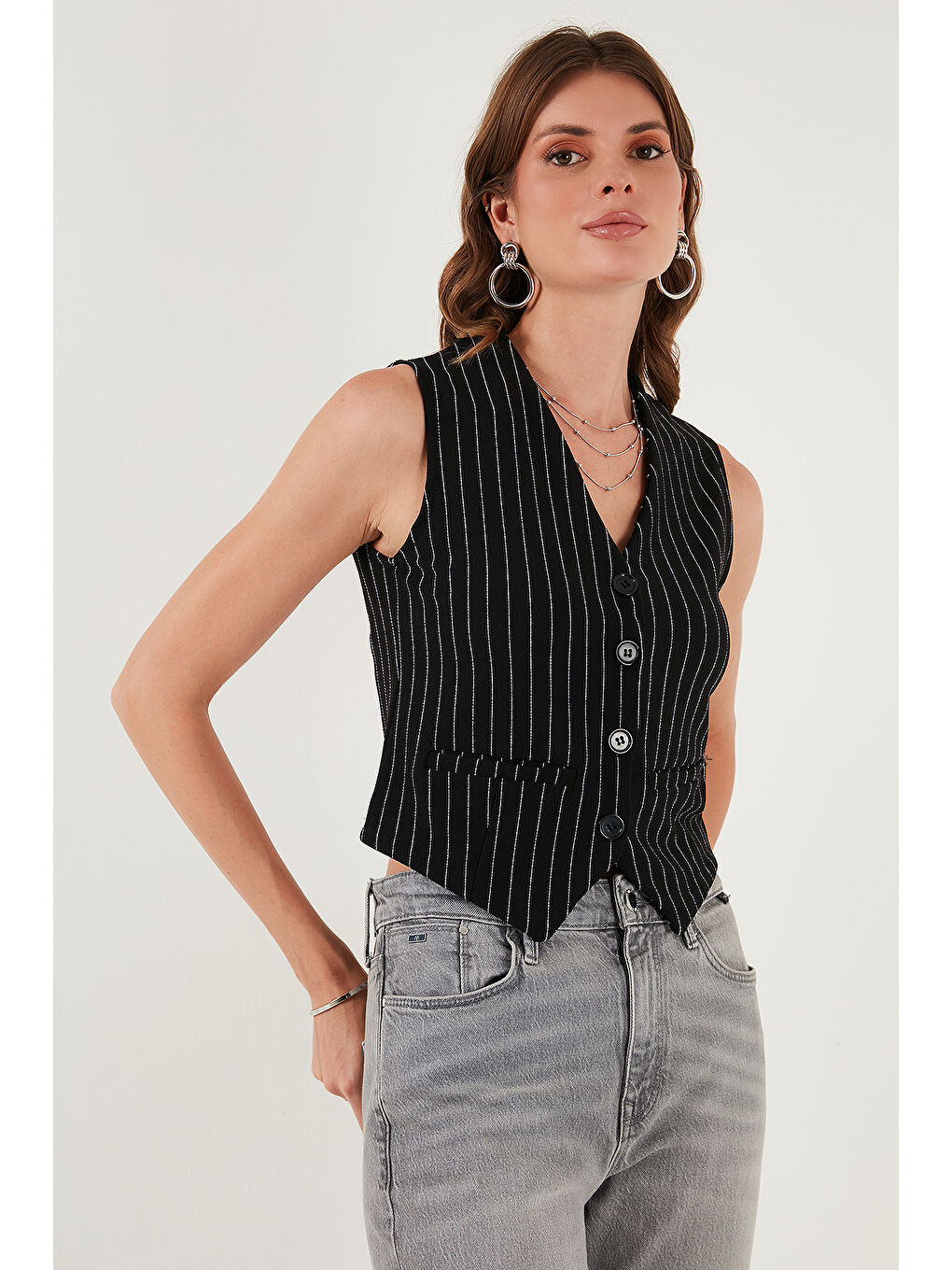 Siyah Streç Fitted Fit V Yaka Düğmeli Kadın Yelek 5865971-3