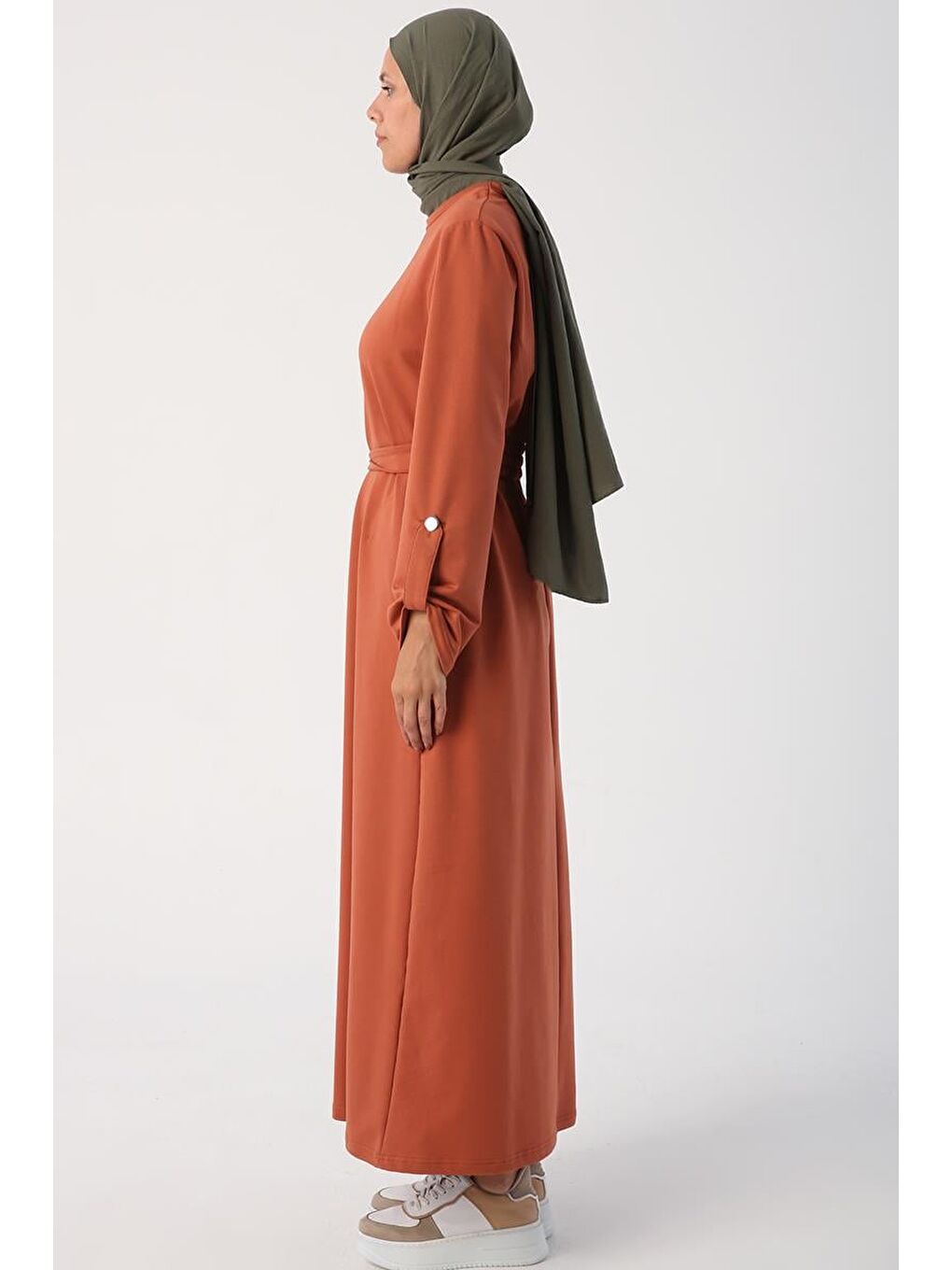 Kahverengi Tarçın01-Kolları Apoletli Kuşaklı Elbise-2