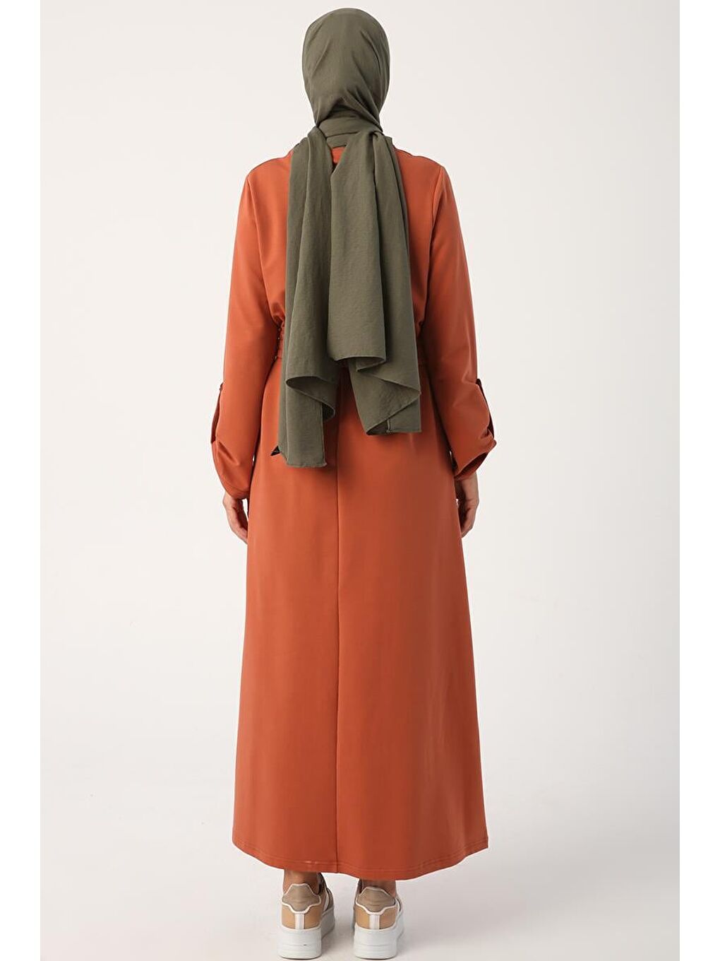 Kahverengi Tarçın01-Kolları Apoletli Kuşaklı Elbise-3