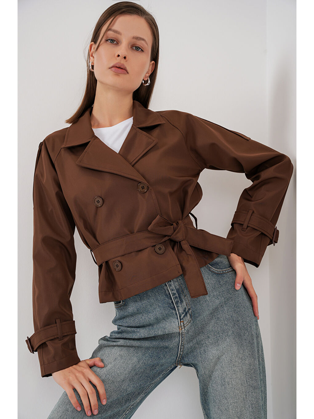Kadın Kemerli Kısa Trençkot 5970 - Kahverengi-3