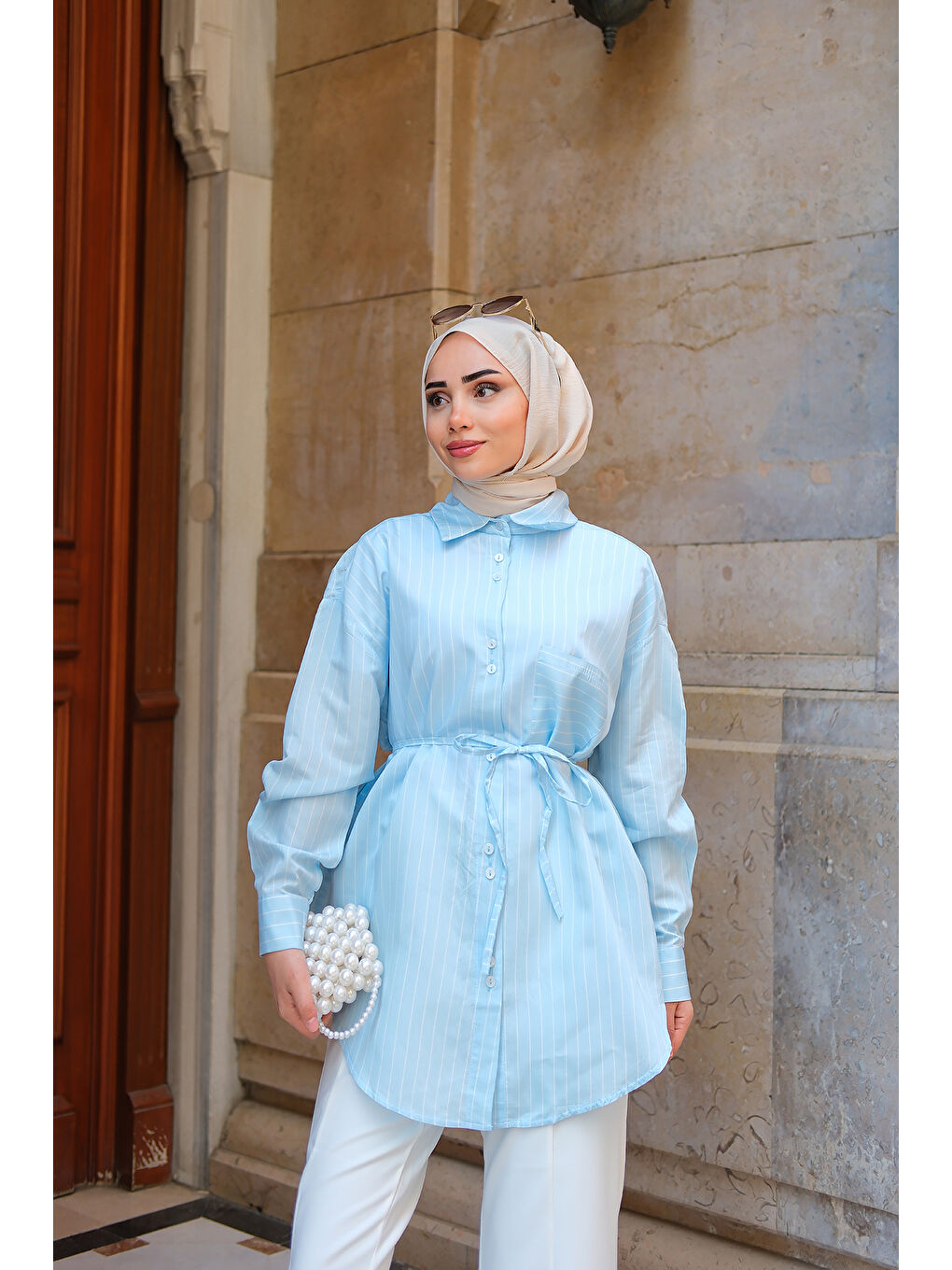 Kadın Çizgili Gömlek Mavi-2