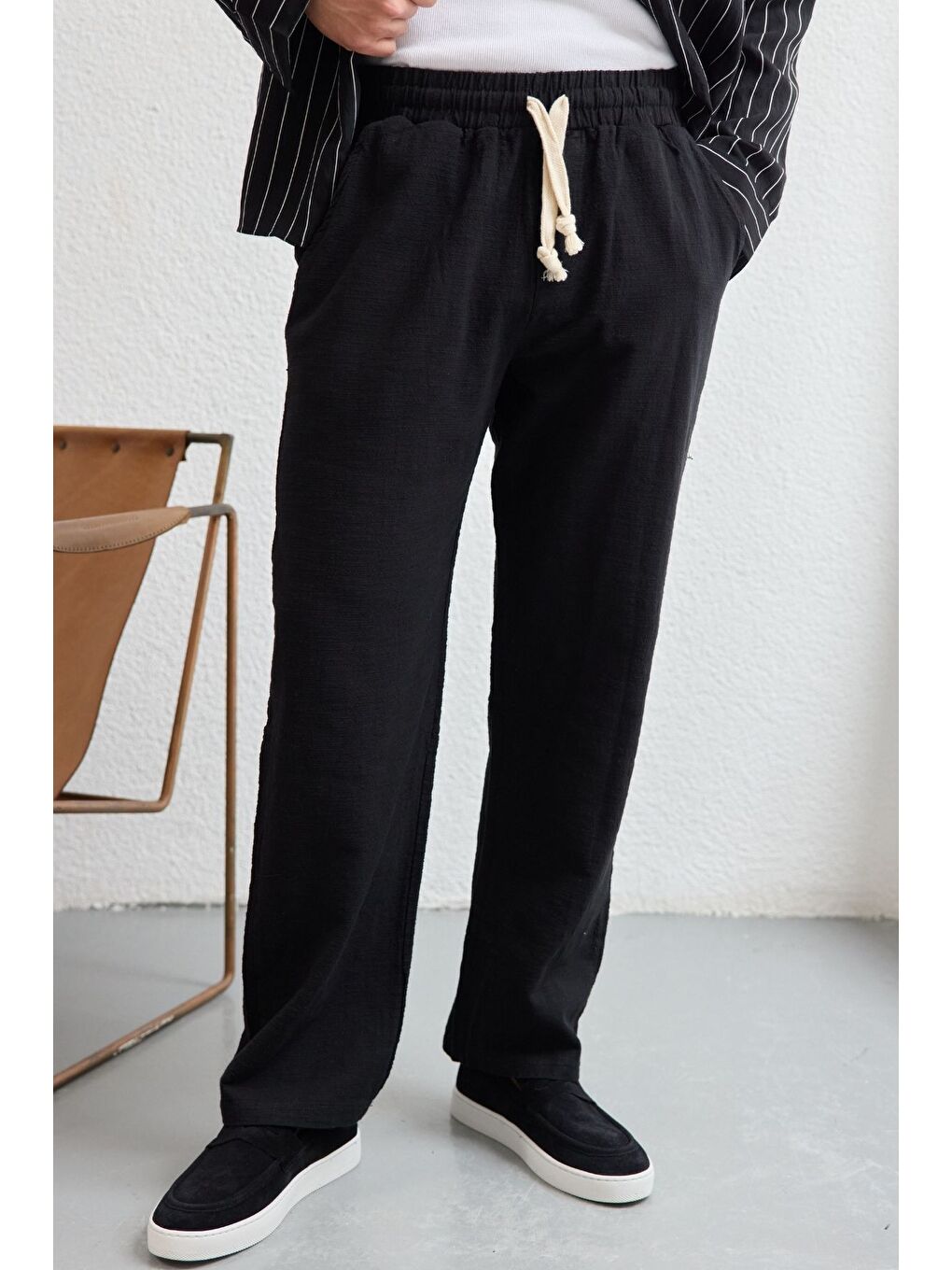 Siyah Abay Erkek Keten İpli Baggy Pantolon-2