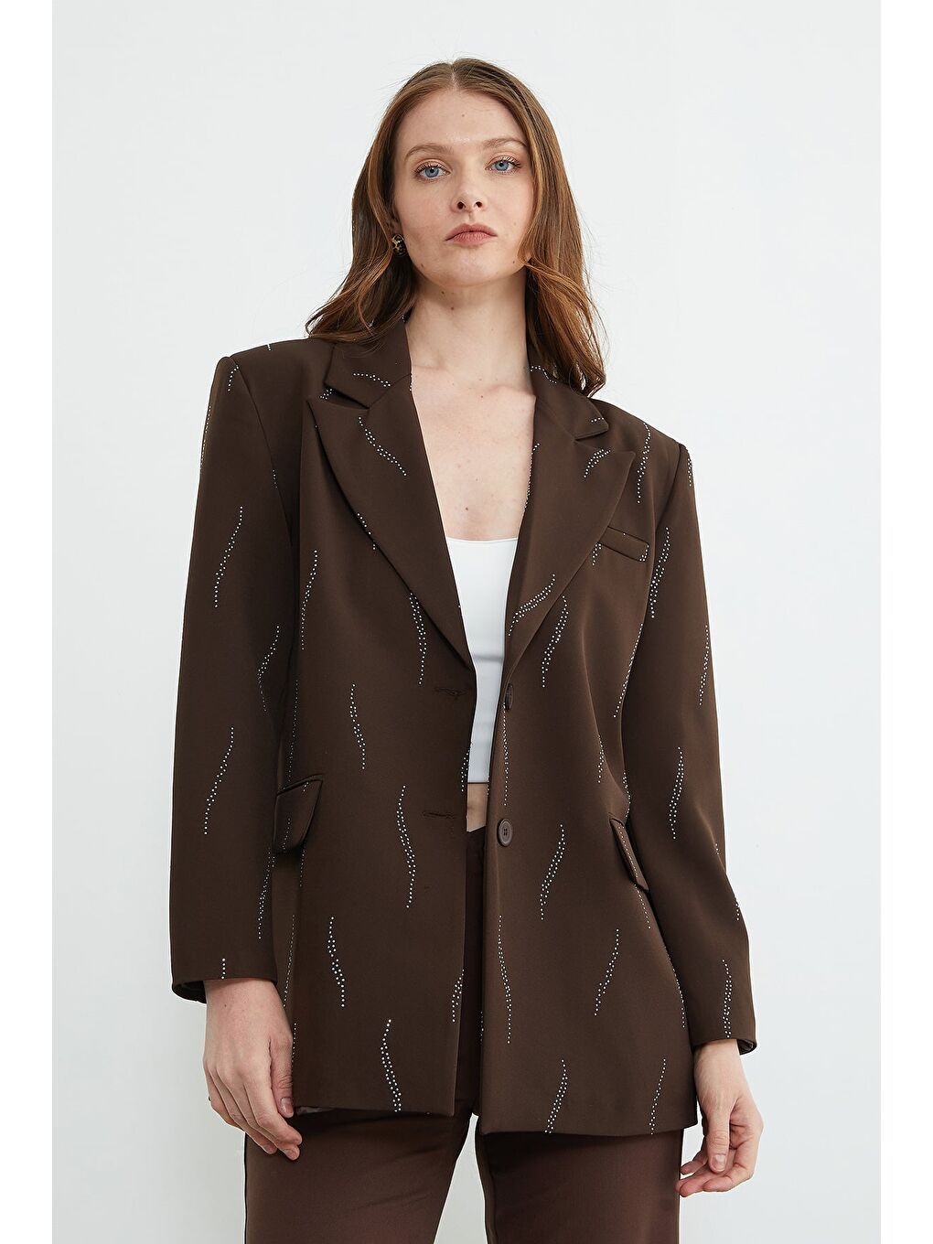 Kahverengi Taş Detaylı Blazer Ceket