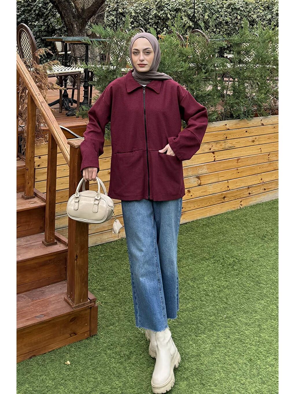 Fermuarlı Tesettür Ceket Bordo