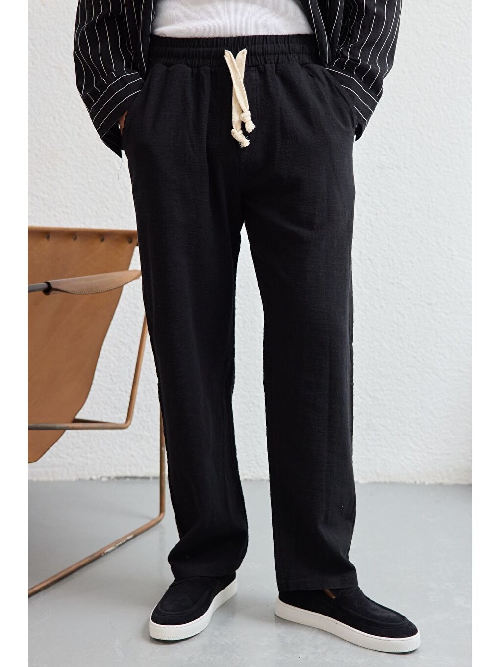 Siyah Abay Erkek Keten İpli Baggy Pantolon-3
