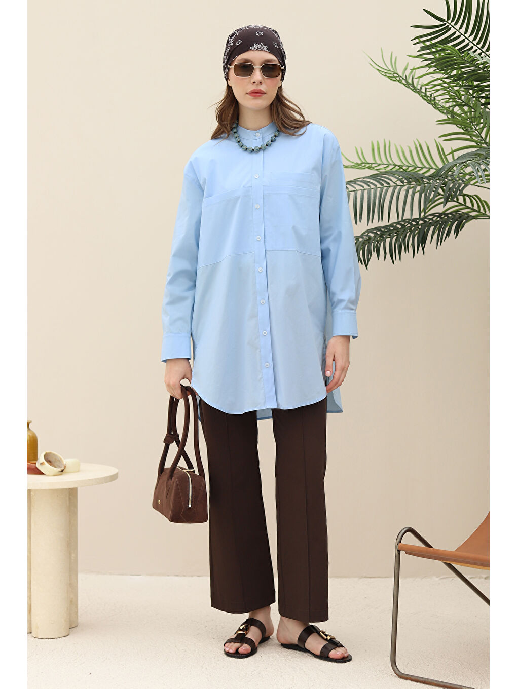 Poplin Cepli Gömlek Açık Mavi-1