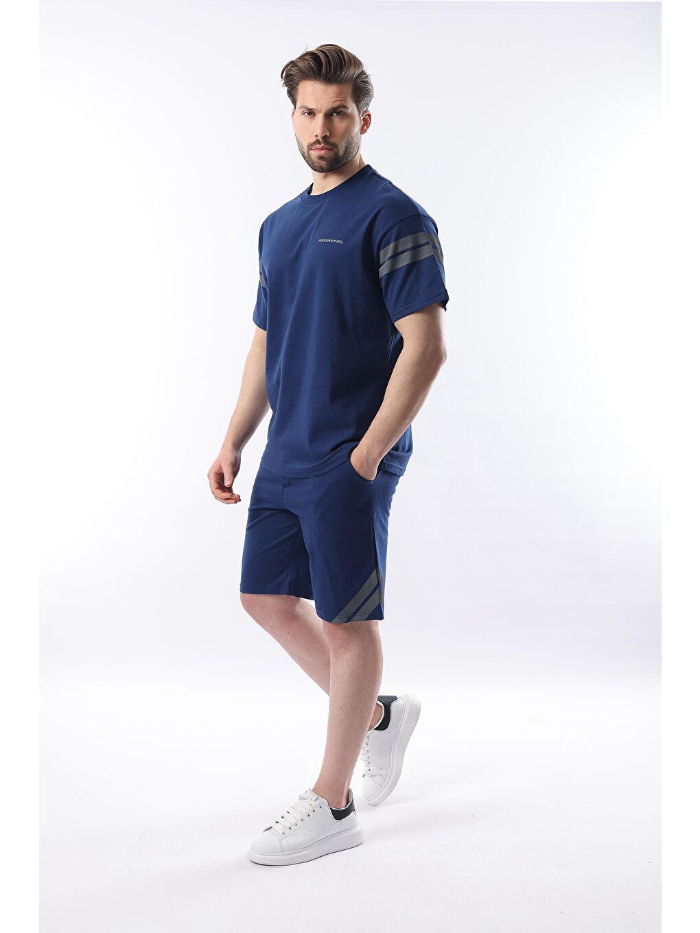 Lacivert Şerit Detaylı Erkek Şort Tişört %100 Pamuk Takım E7301