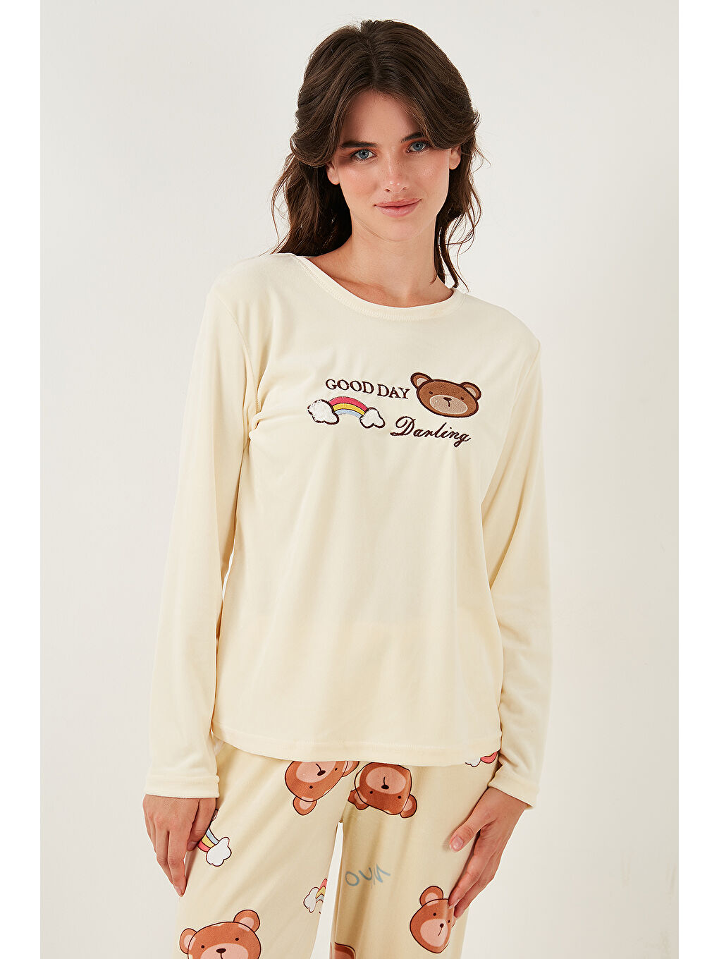 Sarı Desenli Regular Fit Bisiklet Yaka Uzun Kollu Kadın Pijama Takımı 65713312-3