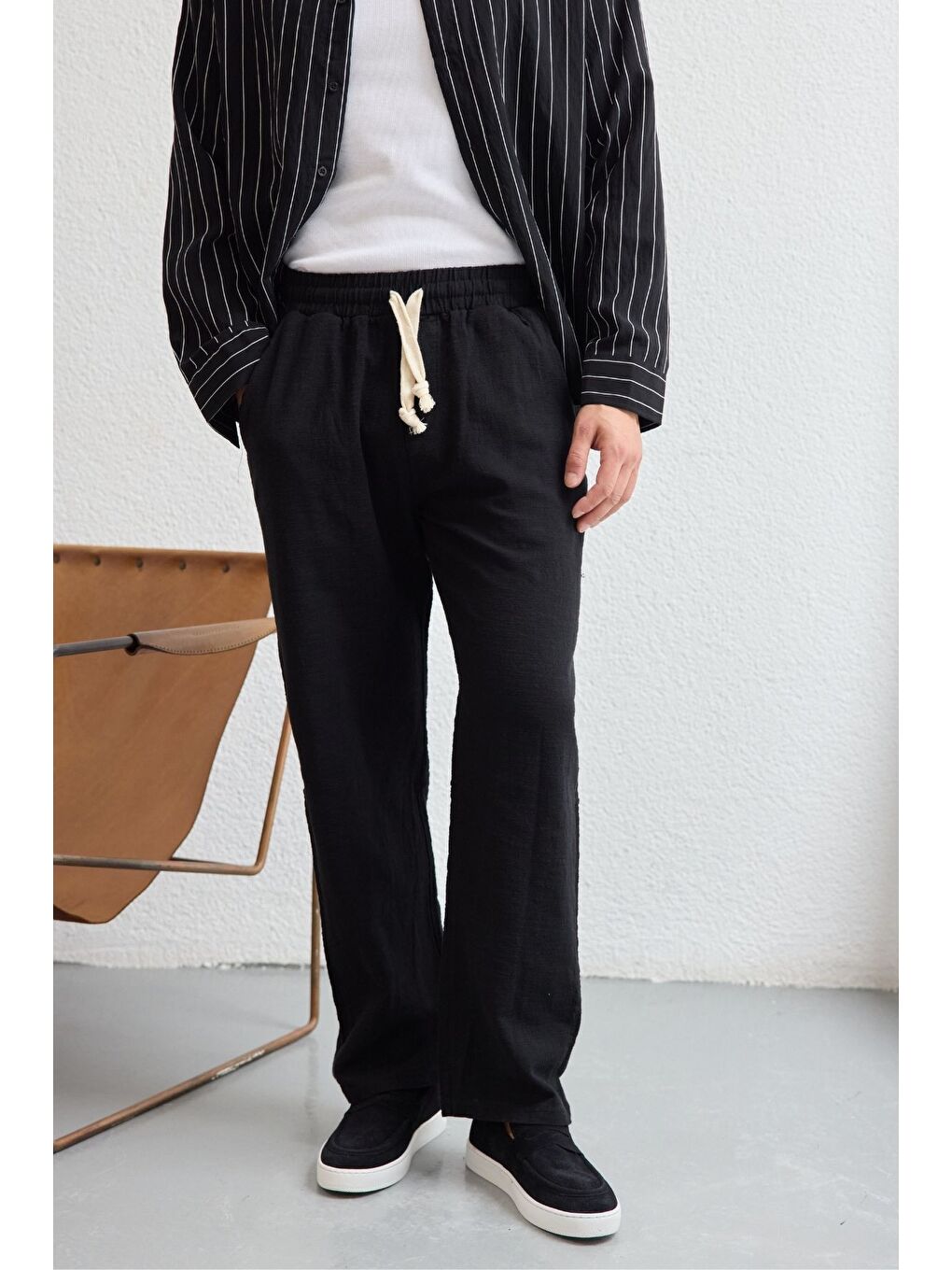 Siyah Abay Erkek Keten İpli Baggy Pantolon-4