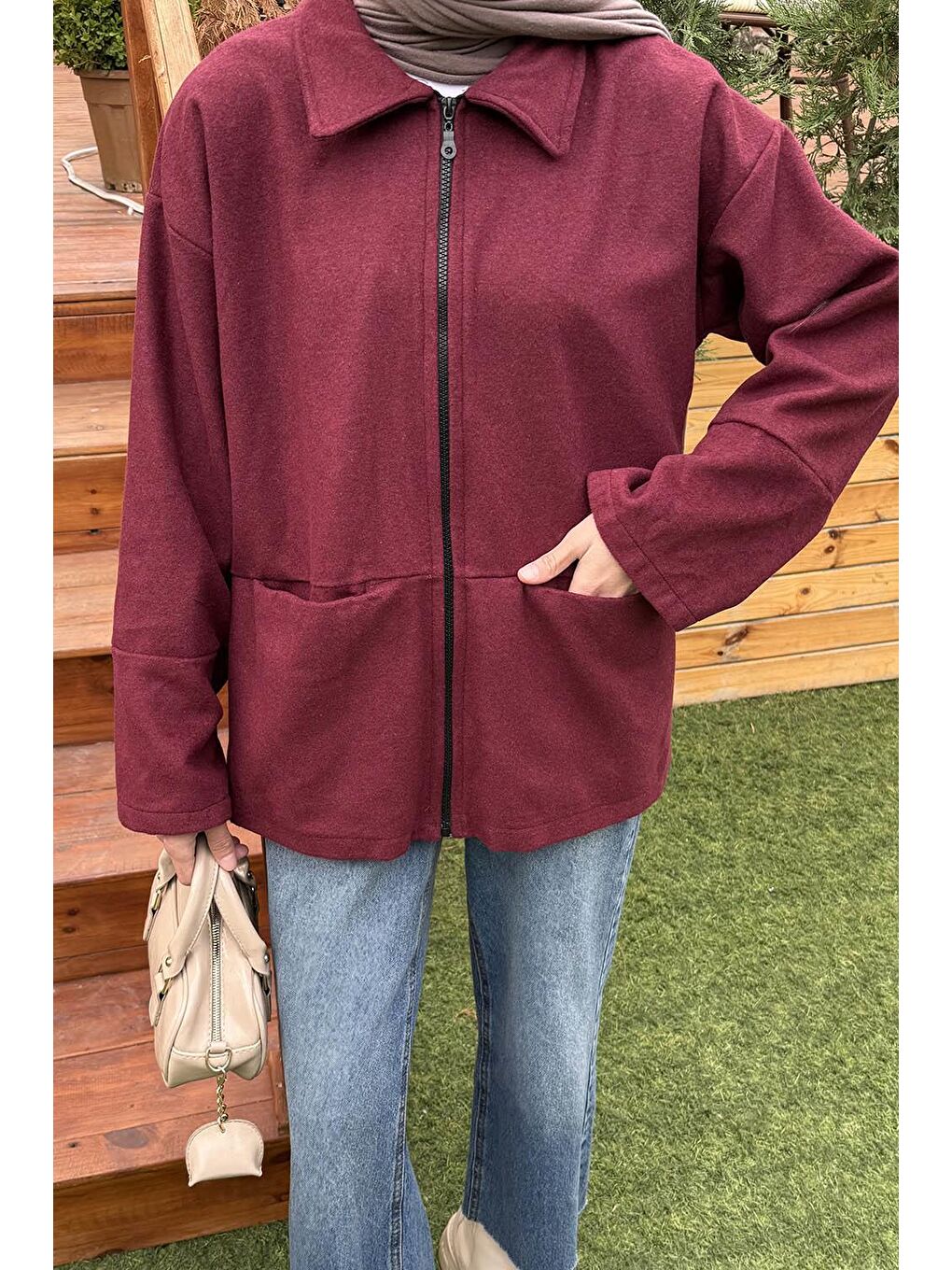 Fermuarlı Tesettür Ceket Bordo-3