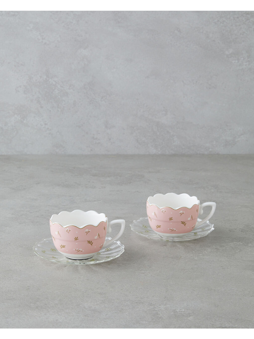 Charming New Bone China 4 Parça 2 Kişilik Cam Tabaklı Kahve Fincan Takımı 80 ml Pembe - Yeşil