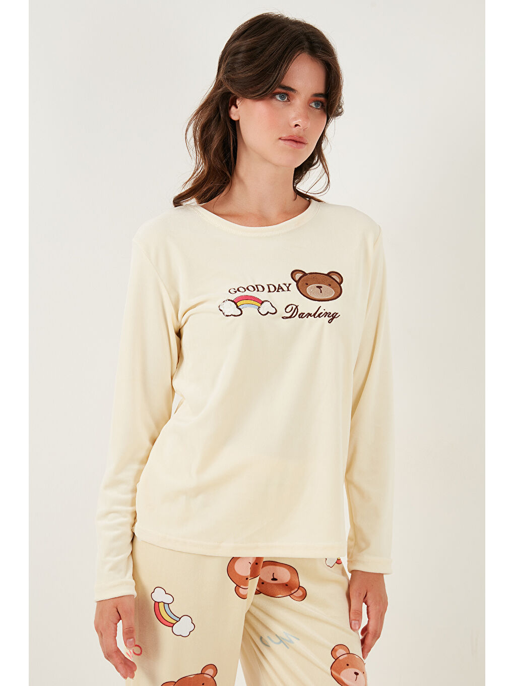 Sarı Desenli Regular Fit Bisiklet Yaka Uzun Kollu Kadın Pijama Takımı 65713312-4