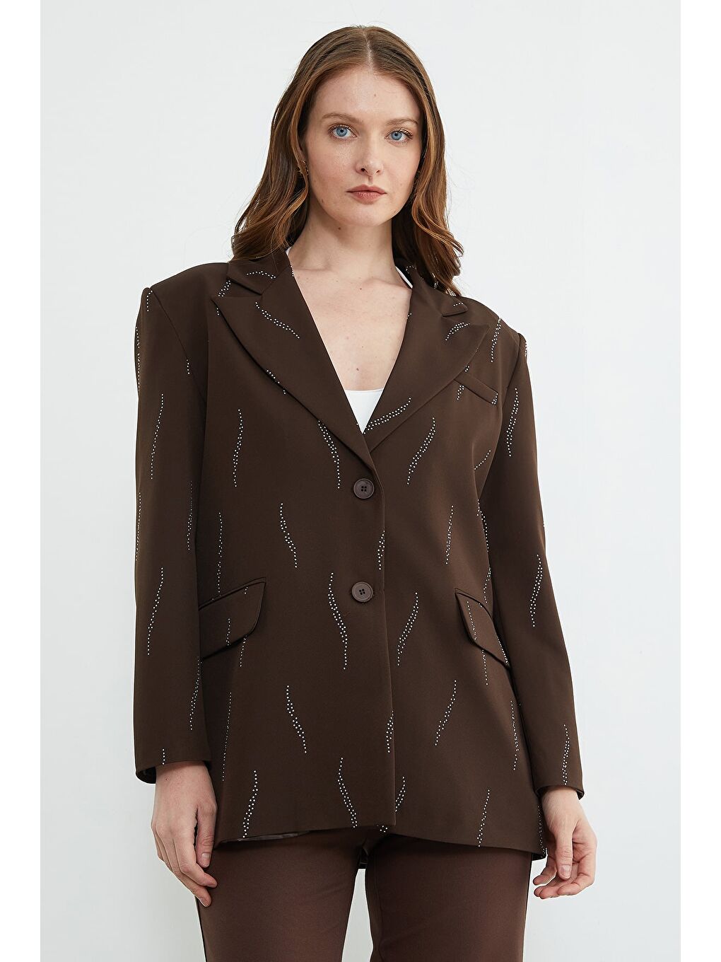 Kahverengi Taş Detaylı Blazer Ceket-1