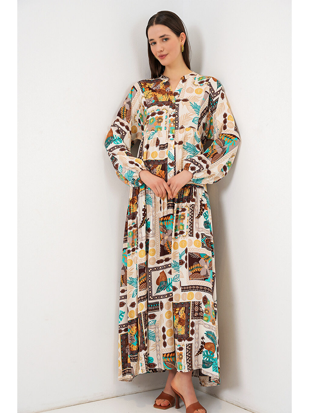 Kadın Desenli Uzun Tesettür Elbise 2585 - H. Kahverengi-1