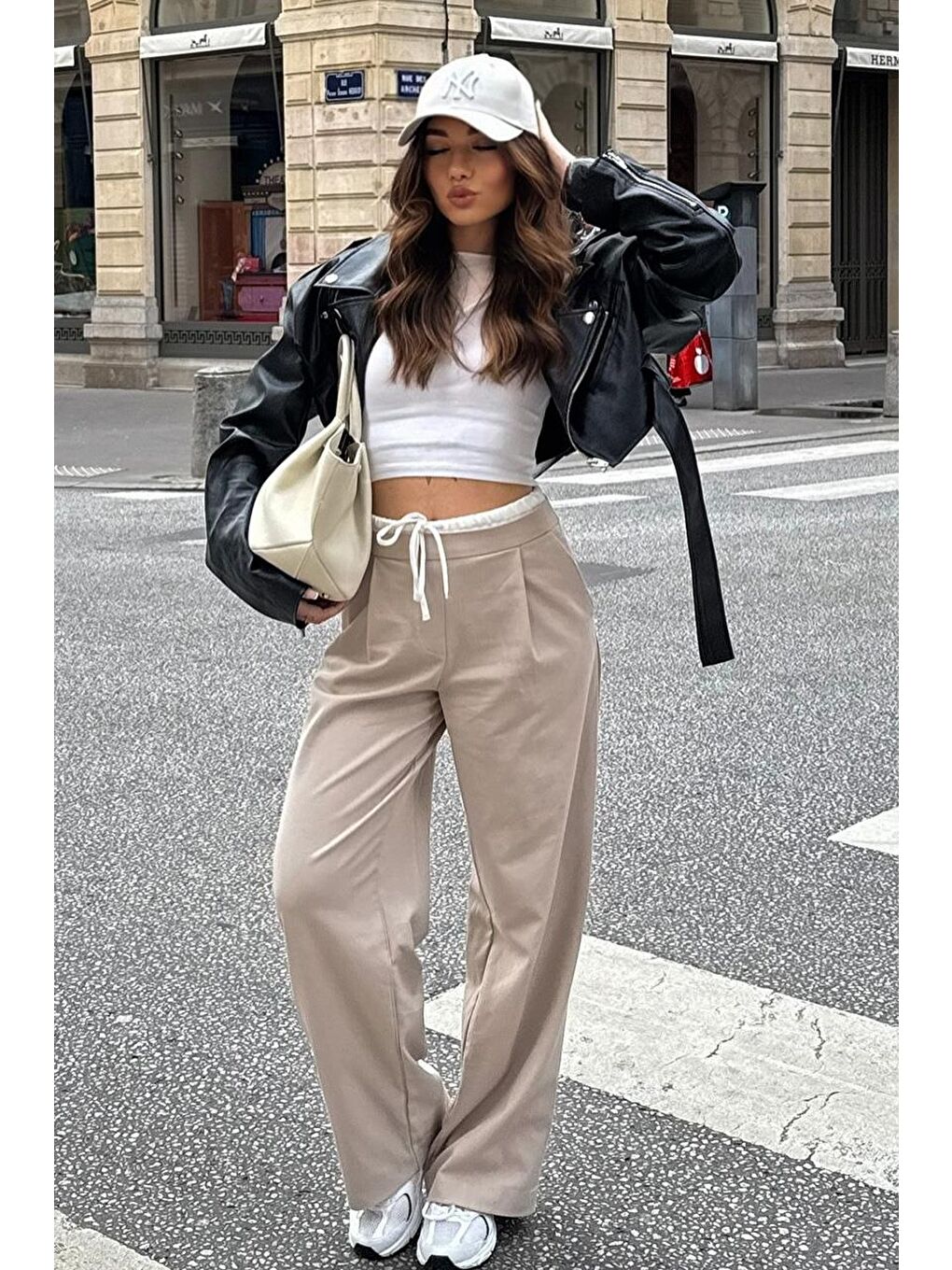 Bej Çift Bel Bantlı Wide Leg Kadın Pantolon Mg2551