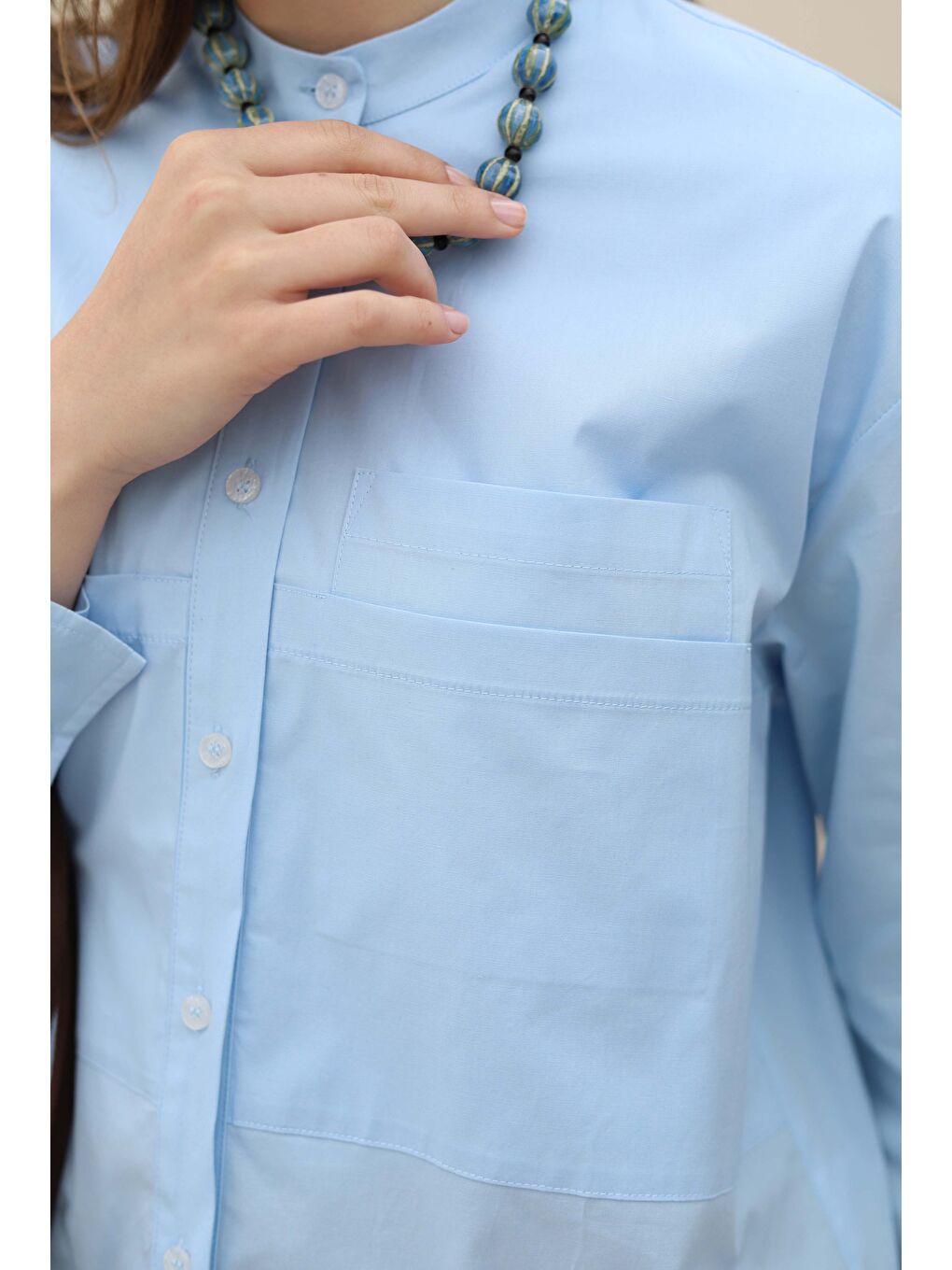 Poplin Cepli Gömlek Açık Mavi-4