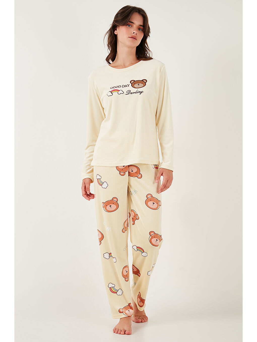 Sarı Desenli Regular Fit Bisiklet Yaka Uzun Kollu Kadın Pijama Takımı 65713312-5