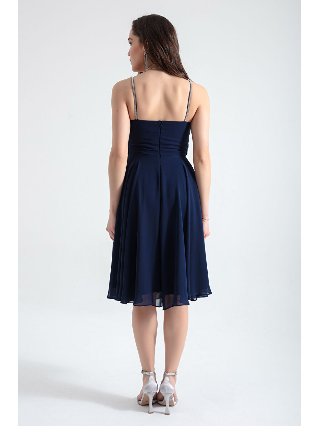 Kadın Lacivert Taş Askılı Midi Abiye Elbise-4
