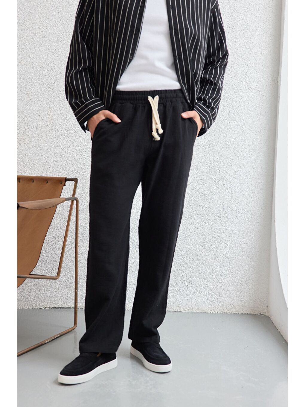 Siyah Abay Erkek Keten İpli Baggy Pantolon-5