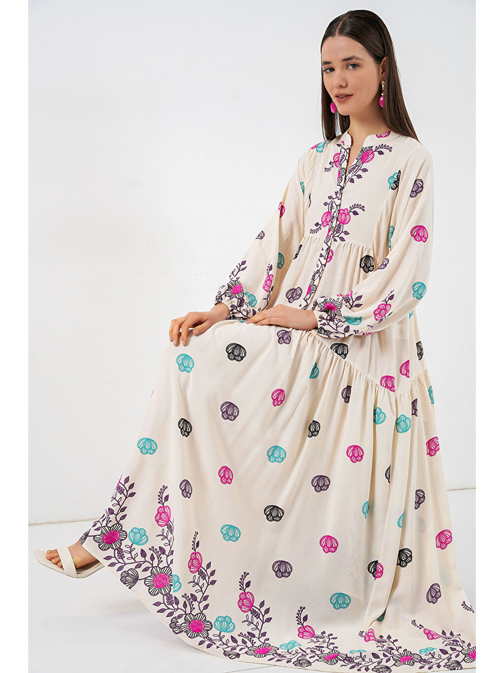 Kadın Desenli Uzun Tesettür Elbise 2585 - C. Fuşya