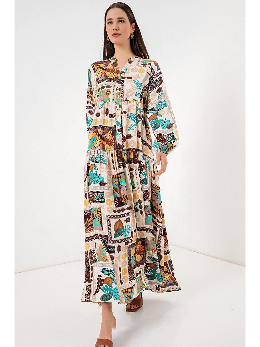 Kadın Desenli Uzun Tesettür Elbise 2585 - H. Kahverengi-2