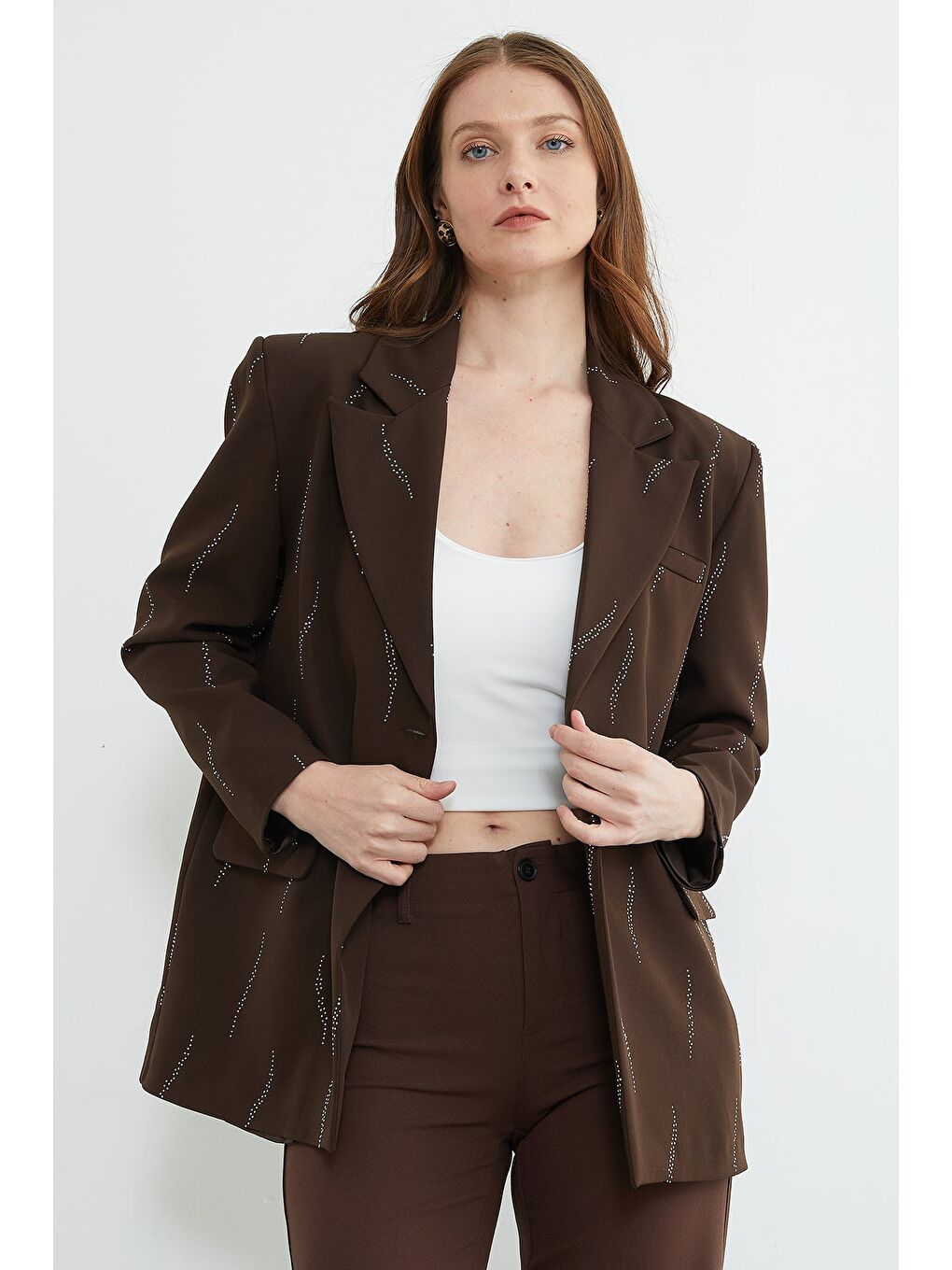 Kahverengi Taş Detaylı Blazer Ceket-2