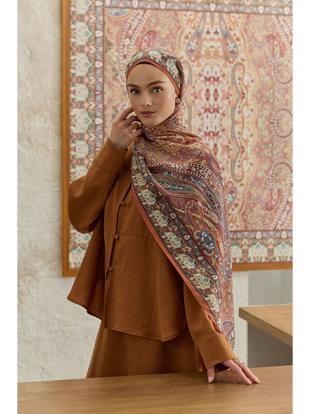 Turuncu Cupra Prive Desenli Şal Saga Kiremit-4