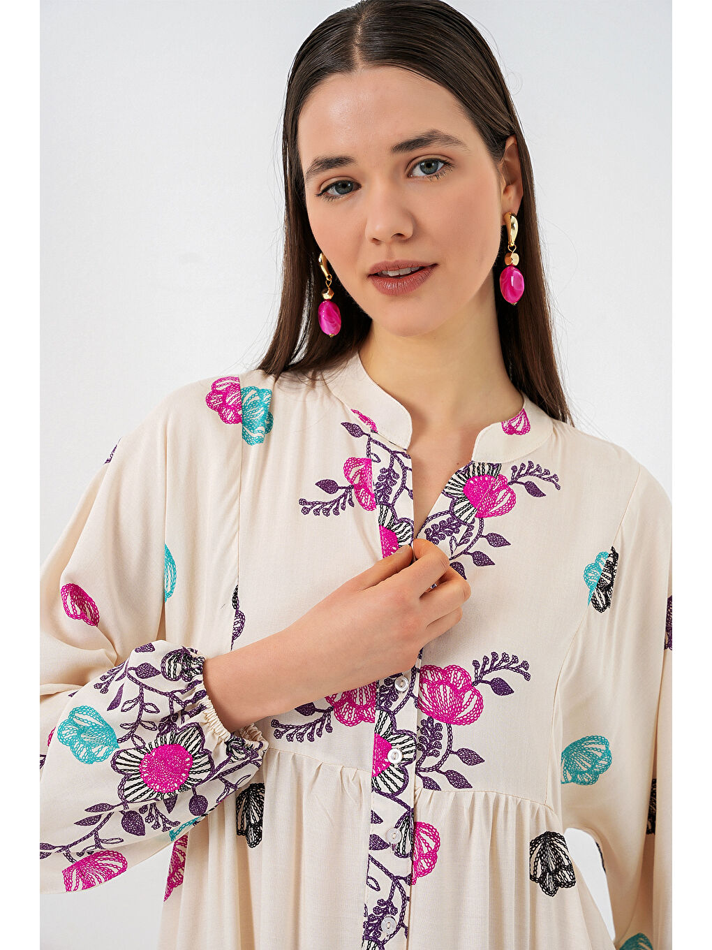 Kadın Desenli Uzun Tesettür Elbise 2585 - C. Fuşya-1