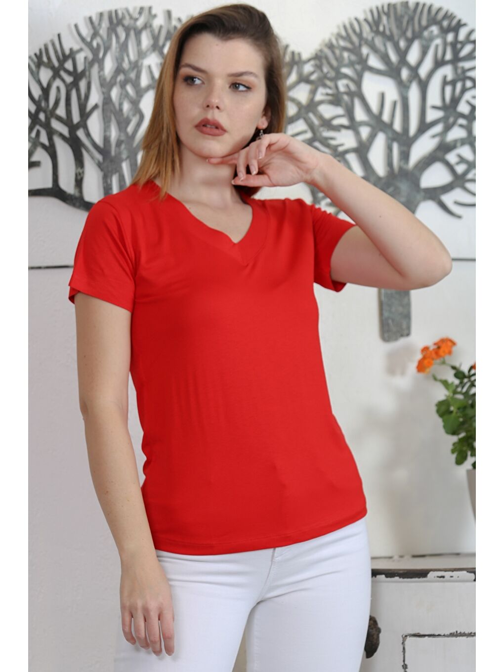 Kırmızı V Yaka Kısa Kol Örme Casual Bluz-1