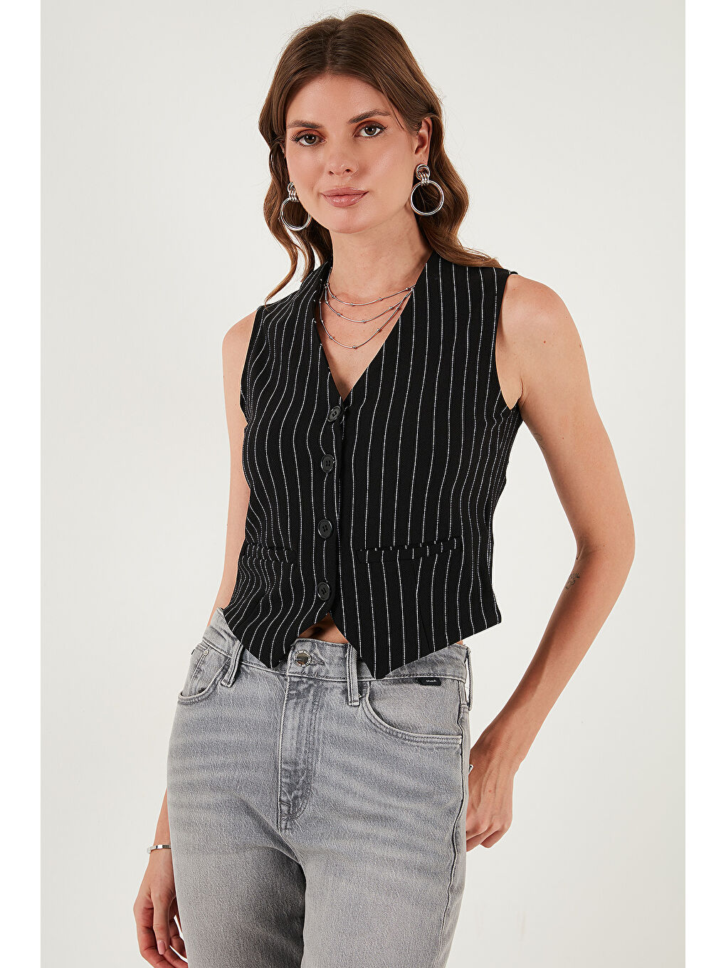 Siyah Streç Fitted Fit V Yaka Düğmeli Kadın Yelek 5865971-4