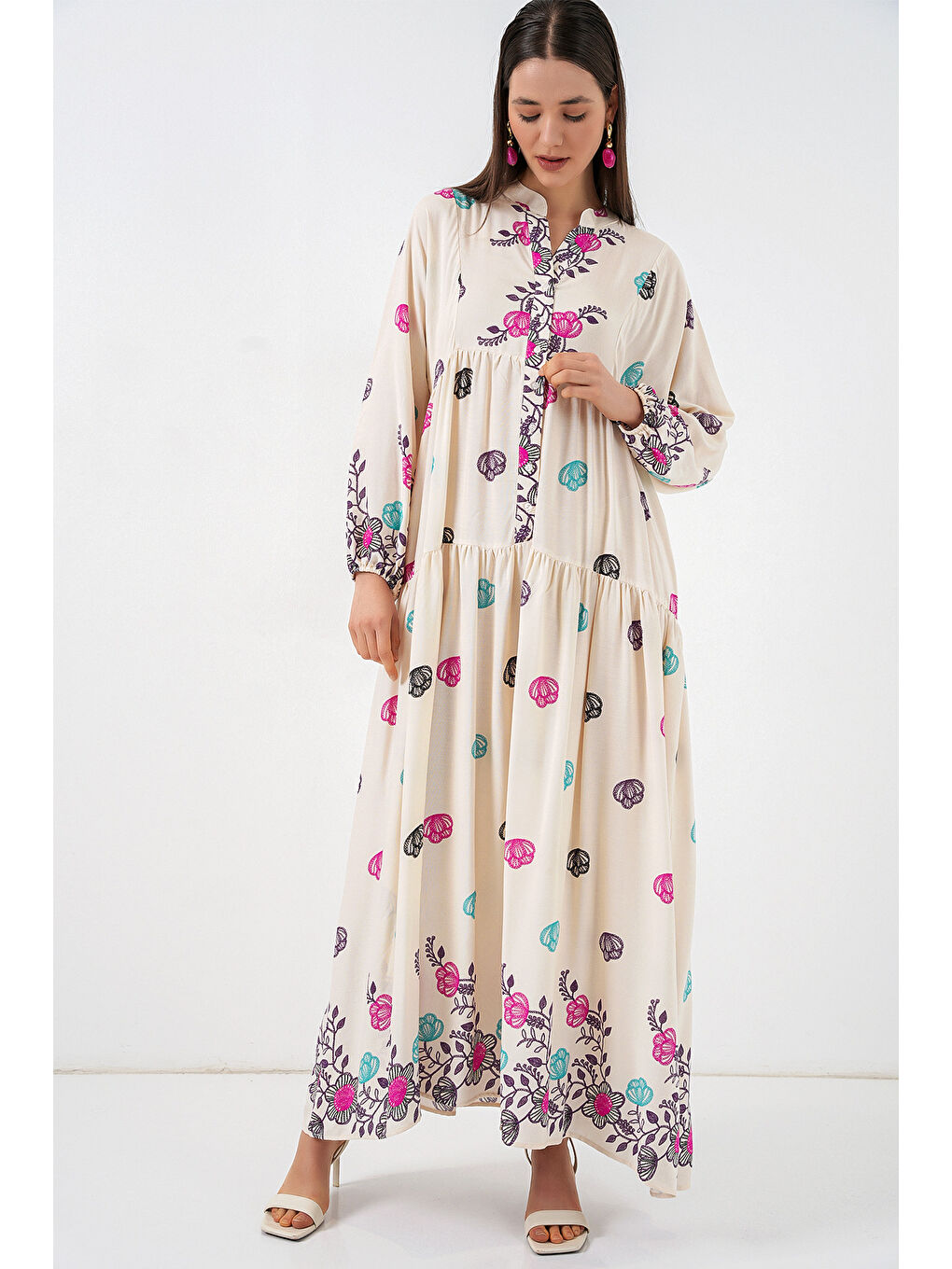 Kadın Desenli Uzun Tesettür Elbise 2585 - C. Fuşya-2