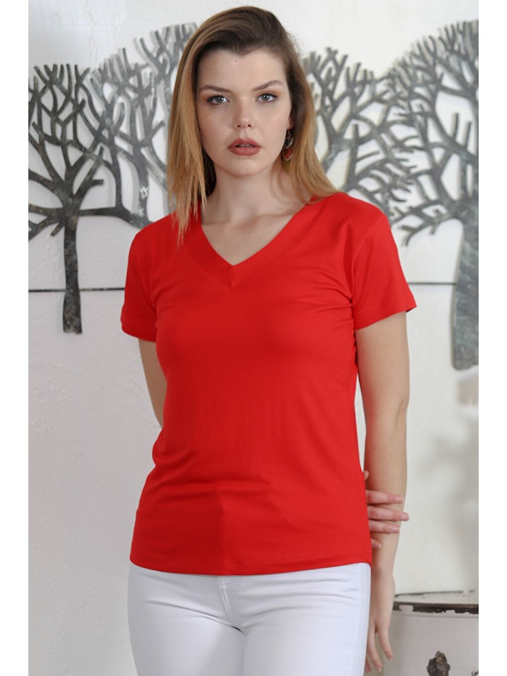 Kırmızı V Yaka Kısa Kol Örme Casual Bluz-2