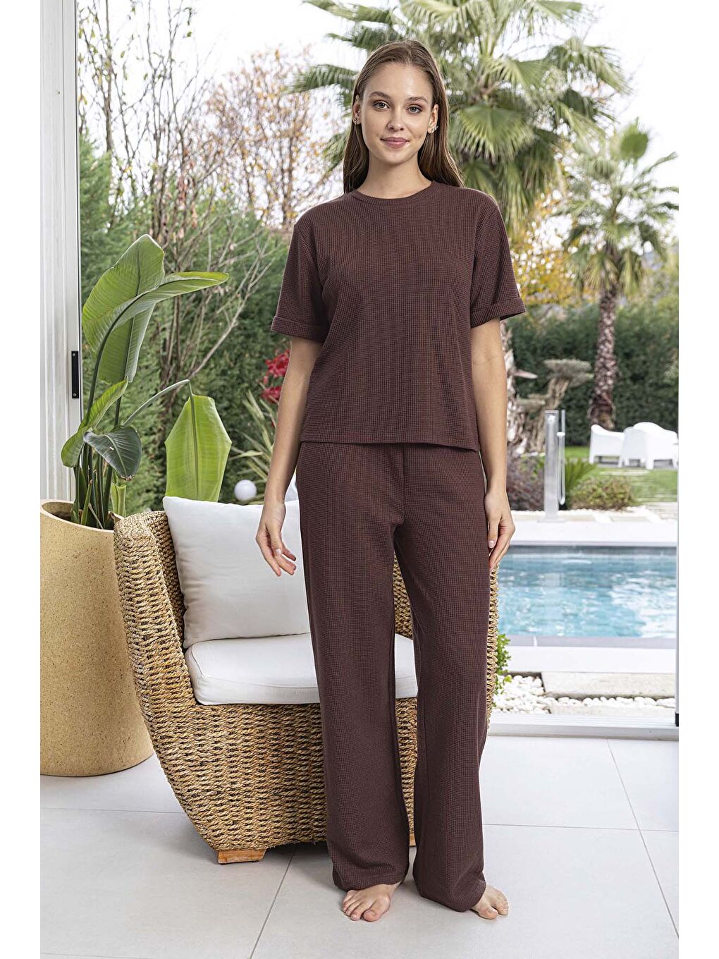 Kadın Kısa Kol Waffle Kumaş Pijama Takımı 260107 Kahverengi-3