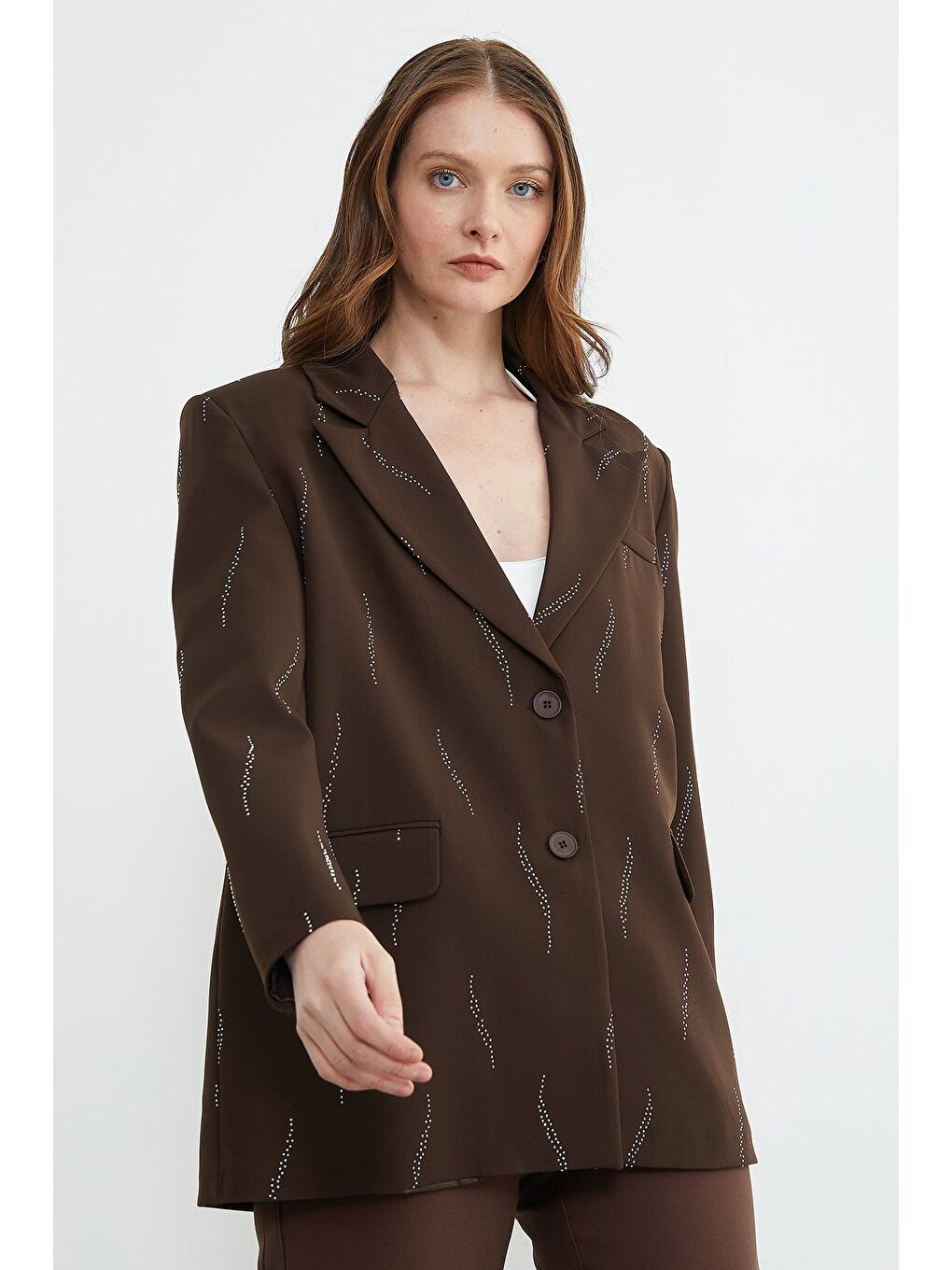 Kahverengi Taş Detaylı Blazer Ceket-4